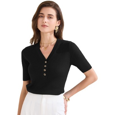 INSPIRE CHIC Women's Ribbed Knit V Neck Button Henley Half Sleeve Shirt