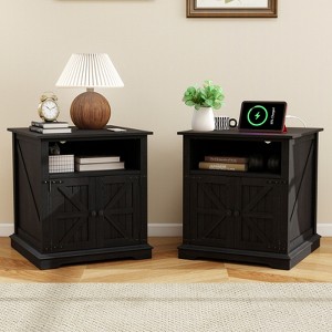 MUUEGM 24" Farmhouse End Table| Wood Rustic Nightstand Bedside Table with Charging Station and Barn Door - 1 of 4