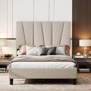 Full Size Bed Frame with Adjustable Headboard, Linen Upholstered Twin Platform Bedframe with Strong Wooden Slats, No Box Spring Needed - 1 of 4