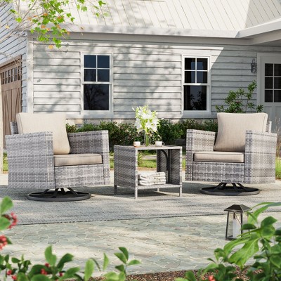 Sonkuki 3-Piece Patio Chair Set Brown Rattan Swivel Rocking Chair Set Coffee Table Suiting Backyard