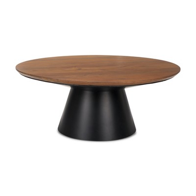 HomeRoots 40" Brown and Black Solid Wood and Iron Round Pedestal Coffee Table