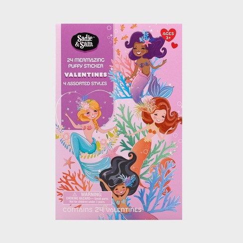 Sadie & Sam 24ct Mermaid Valentine's Day Classroom Exchange Cards with Puffy Mermaid Stickers - image 1 of 3