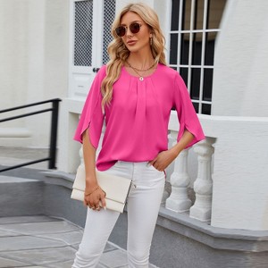 Coolmee Women's Casual Blouses Lightweight Solid Color Round Neck Slit Half Sleeve Pleated Neck Loose Chiffon Shirts Fashion Tops S Pink - 1 of 4