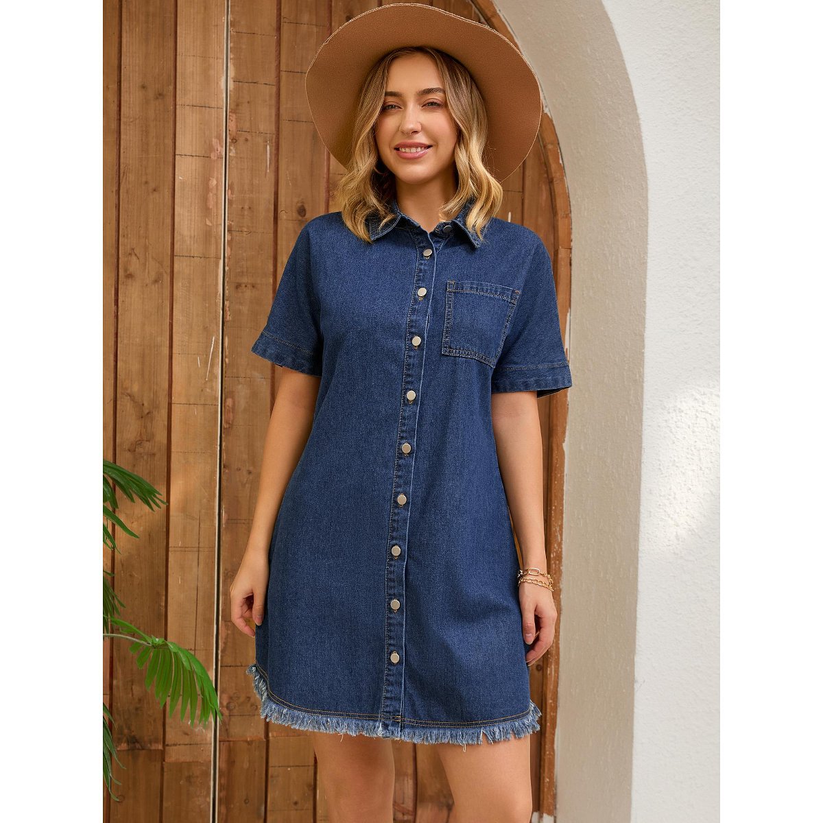 Женские платья INSPIRE CHIC Women's Denim Button Front Frayed Hem Collared Short Sleeve Jean Shirt Dress 2 Packs Dark Blue/Black X-Large — фото 3
