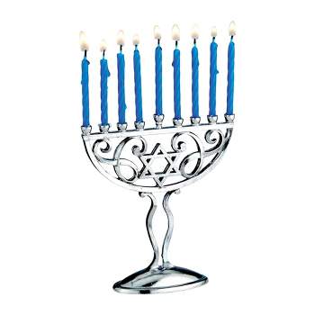 Rite Lite 45pc Classic Style Mini Hanukkah Menorah Set with Candles 4.75" - Silver/Blue