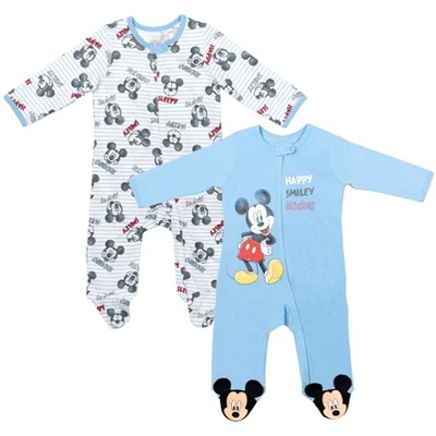 Image of Disney Mickey Mouse Newborn Baby Boys 2 Pack Zip Up Sleep N' Play Coveralls Gray/Blue 6-9 Months