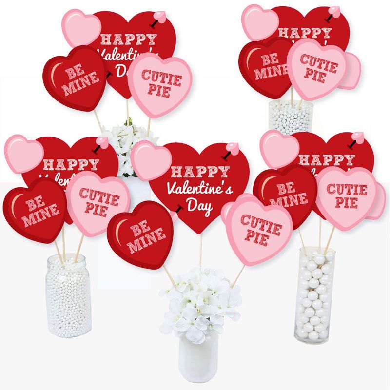 Big Dot of Happiness Conversation Hearts - Valentine's Day Party Centerpiece Sticks - Table Toppers - Set of 15, 3 of 10