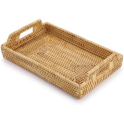 BRINJOY Handwoven Rattan Tray with Handles - 12.4x8.3 inch Rectangular Storage Basket for Breakfast, Snacks, Coffee Table Organization