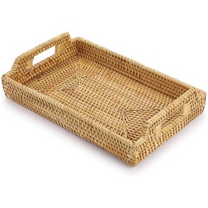 BRINJOY Handwoven Rattan Tray with Handles - 12.4x8.3 inch Rectangular Storage Basket for Breakfast, Snacks, Coffee Table Organization - 1 of 4