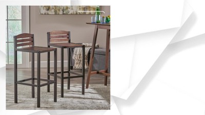 Milos Dark Brown Acacia and Metal Outdoor Barstools, Set of 2