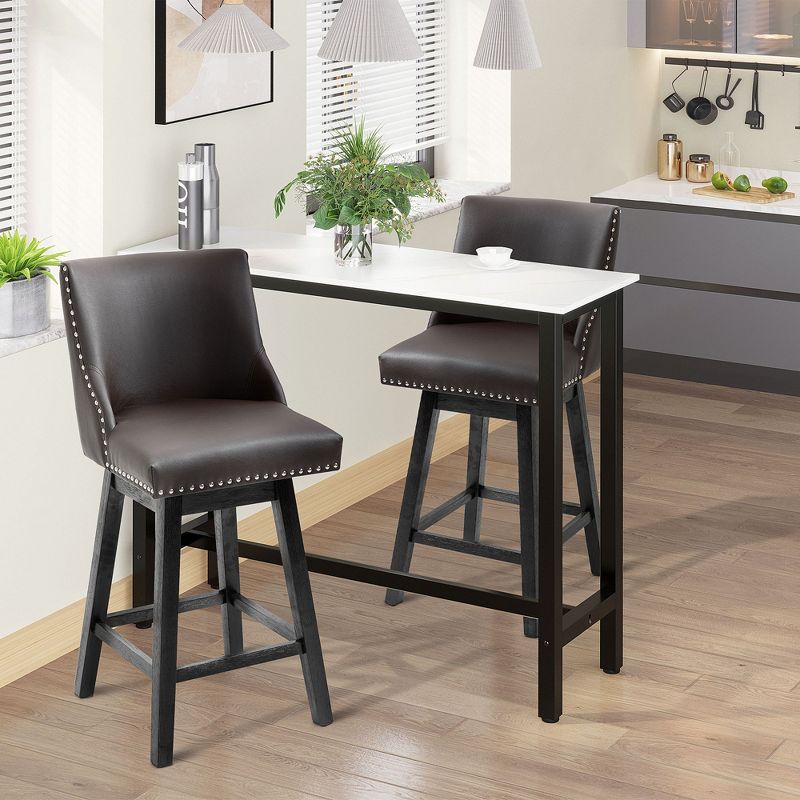 HOMCOM 28" Swivel Bar Height Bar Stools Set of 2, Armless Upholstered Barstools Chairs with Nailhead Trim, Wood Legs, 3 of 7
