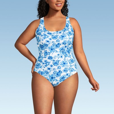 Lands' End Women's Chlorine Resistant Scoop Neck X-Back High Leg Soft Cup Tugless Sporty One Piece Swimsuit
