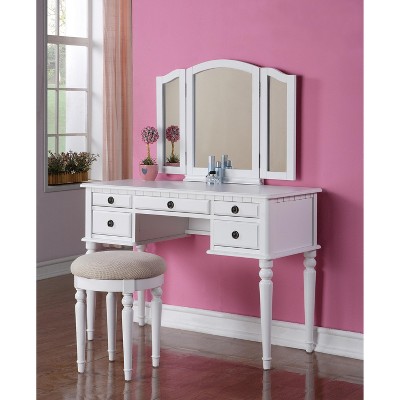 DOMETOUR Bedroom Contemporary Vanity Set w Foldable Mirror Stool Drawers White Color