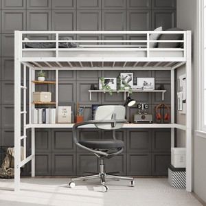 Acekool Twin Size Metal Loft Bed with Desk and Storage Shelves, Guardrail & Ladder, Space-Saving Bed for Kids Teens Adults, White/Black - 1 of 4