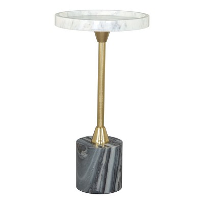 HomeRoots 22" Gold Gray And White Marble And Iron Round Pedestal End Table