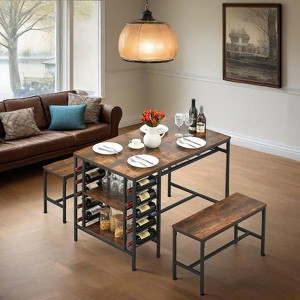 homfan 4 Seater Dining Table Set with 2 Benches, Built in Wine Rack, Space Saving Rectangular Kitchen Table, for Apartments, Small Spaces - 1 of 4