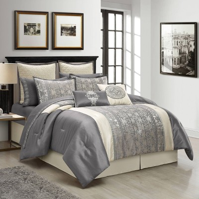California King Gray and Silver Jacquard 12-Piece Comforter Set