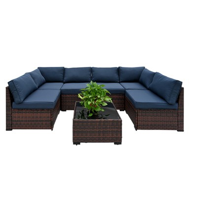 FIONECA 6-Piece Patio Furniture Set ¨C PE Wicker Barrel-Style Sofa with Blue Cushions