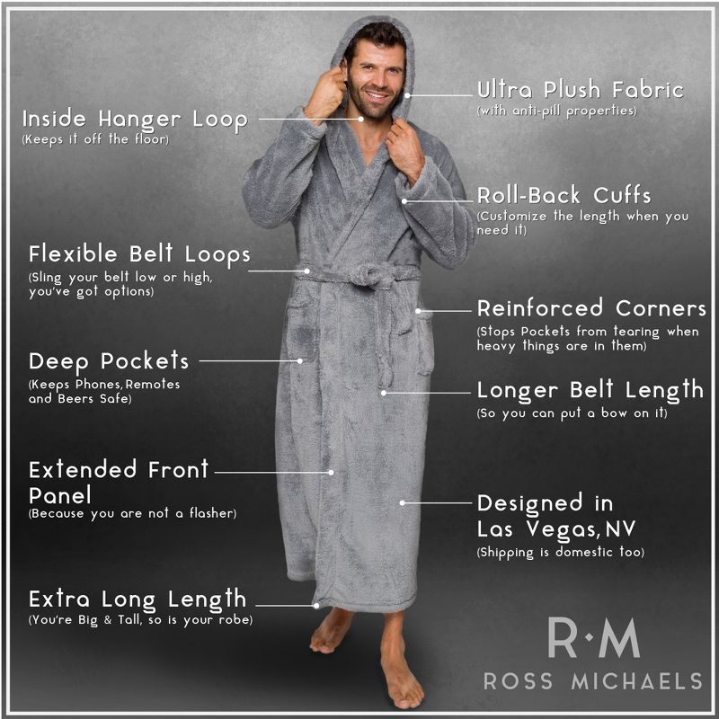 Ross Michaels Men's Big & Tall Robe with Hood, Full Length Long Plush Fleece Bathrobe, 6 of 7