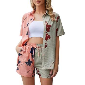 Women Colorblock 2 Piece Outfits Cotton Linen Set for Summer Long Sleeve Button Down Shirtand Shorts