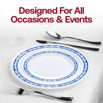 White and Blue Royal Rim Plastic Wedding Dinnerware Set - 60 Settings