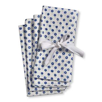 TAG Daisy Artisan Blue Block Printed on White Background Cotton Machine Washable Napkin Set of 4