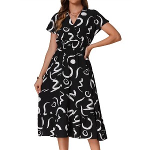 INSPIRE CHIC Women's Summer V Neck Cap Sleeve Smocked Brush Strokes Print Long Dress - 1 of 4
