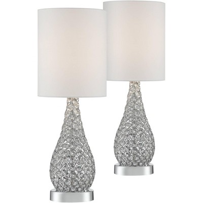 Possini Euro Design Modern Accent Table Lamps Set of 2 Crystal Bead Silver Gourd White Drum Shade for Living Room Family Bedroom Bedside