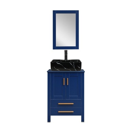 24 in. W x 19 in. D x 32 in. H Bath Vanity in Blue with Mirror and Sink Set