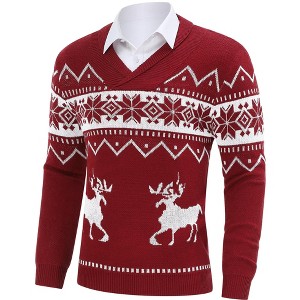 Coolmee Men's Christmas Sweater Ugly Knitted Xmas Sweaters Casual Snowflake Deer Pullover Knitwear - 1 of 4