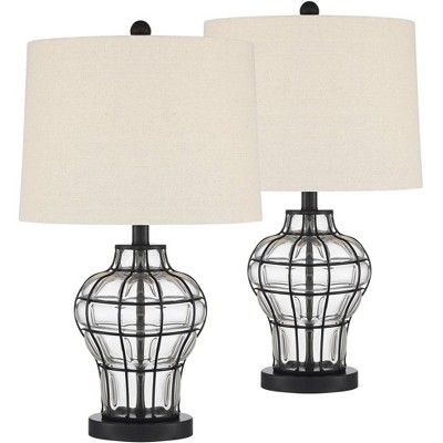 360 Lighting Modern Table Lamps Set of 2 Dark Bronze Blown Clear Glass Gourd Burlap Fabric Drum Shade Living Room Bedroom Bedside