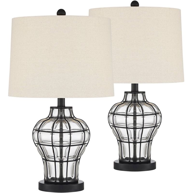 360 Lighting Hudson Rustic Table Lamps 23" High Set of 2 Dark Bronze Blown Clear Glass Gourd Burlap Fabric Drum Shade for Bedroom Living Room Bedside, 1 of 11