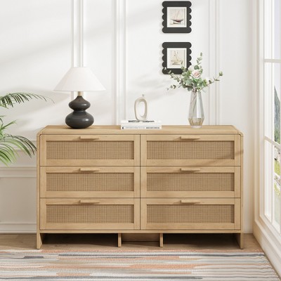 Vynxaria 51.18" Arc Shaped Corner Rattan Cabinet, 6-Drawers Rattan Storage Cabinet Rattan Drawer for Living Room Bedroom, Kitchen, Natural