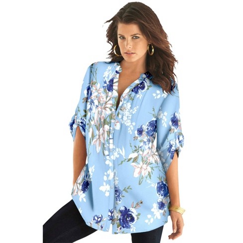 Roaman's Women's Plus Size English Floral Big Shirt, 44 W - Pale Blue  Romantic Rose