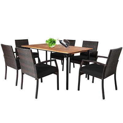 Tangkula 7PCS Patio Dining Furniture Set Yard w/ Wooden Tabletop Black Cushions