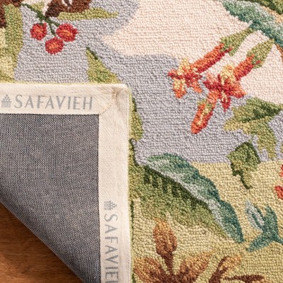 Handmade Beige and Green Wool Floral Rectangular Area Rug