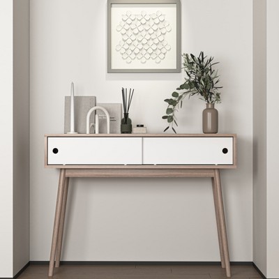 MAYEERTY Entryway Table with 2 White Sliding Doors - Storage Space, Wood Legs, Sofa Console for Hallway, Living Room£¬Natural