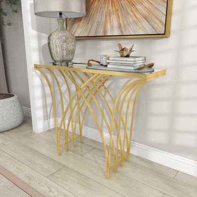 Elegant Gold Metal & Mirrored Glass Art Deco Console Table