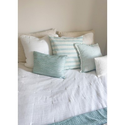 Aqua and White Woven Square Indoor Outdoor Pillow