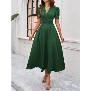 Coolmee Women's Summer Casual Dresses Puff Sleeve V-Neck A-line Flowy Midi Dress Evening Party Cocktail Dress - 1 of 4