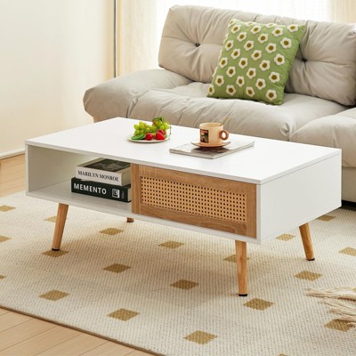 ALEXOUN 41.3 Inch Coffee Table with Storage & Sliding PE Rattan Door, Solid Wood Legs,for Living Room, Apartment