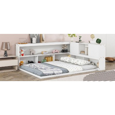 CAVINAS Full Size Wood Montessori Bed,Modern Floor Bed with L-Shaped Bookcases and Sliding Doors,Toddler Bed for Bedroom