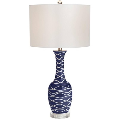 Pacific Coast Lighting Ainsley 30" Tall Large Modern Coastal End Table Lamp Navy Blue Wave Ceramic Single White Shade Living Room Bedroom Bedside