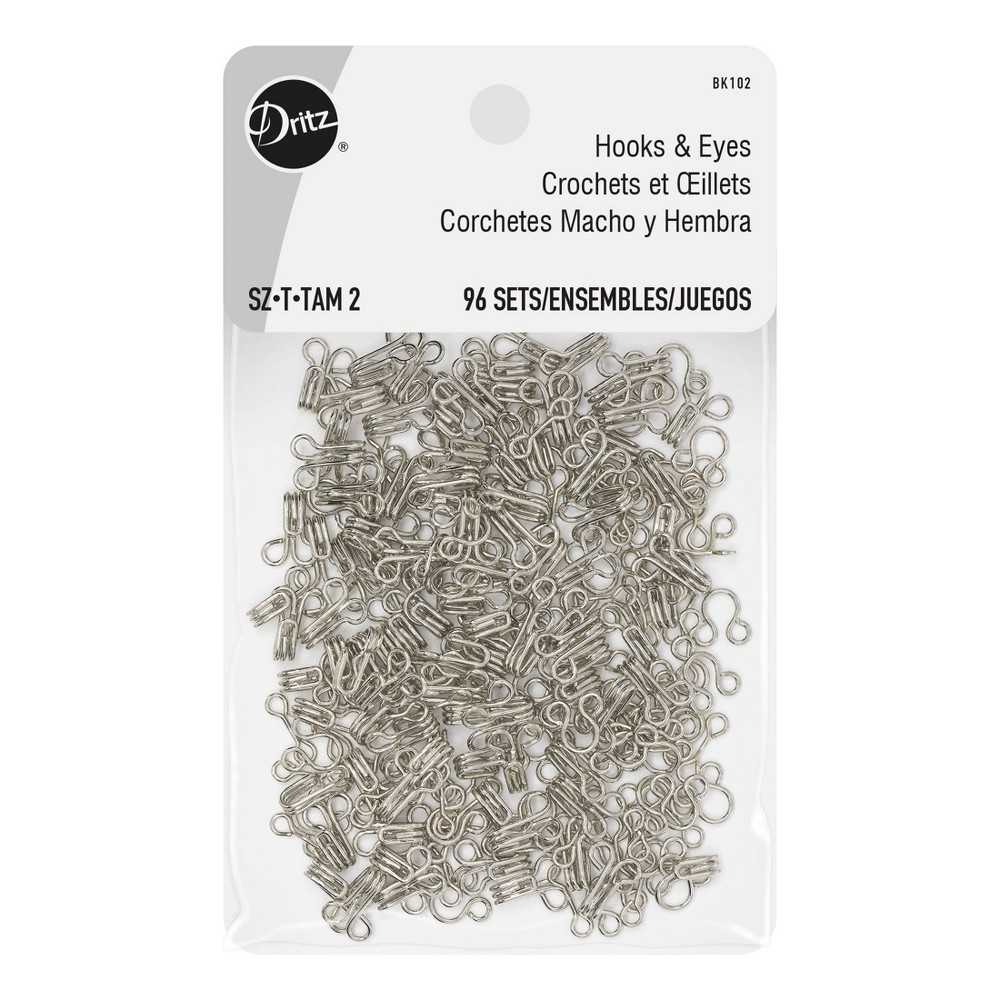 Dritz 96ct Size 2 Hooks & Eyes Nickel: Metal Sewing Fasteners, Silver Hook and Eye, 4.8" Length, 96 Pieces