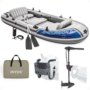 Intex Excursion 5 Person Inflatable 12V Transom Mount Boat Trolling Motor Boat with 2 Aluminum Oars, Pump, and Motor Mount Kit - 1 of 4
