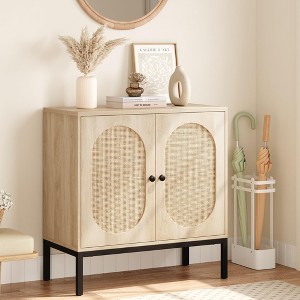 Sideboard Buffet Cabinet, Wooden Storage Cabinet with Natural Rattan Doors, Double-layer Boho Accent Sideboard - 1 of 4