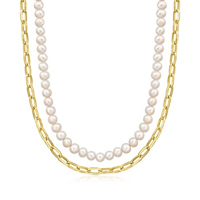 Ross-Simons 6-6.5mm Cultured Pearl and 18kt Gold Over Sterling Paper Clip Link Layered Necklace Size 18