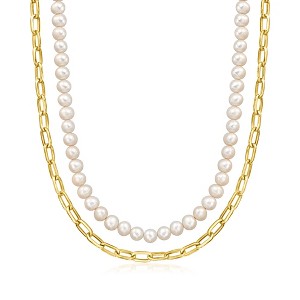 Ross-Simons 6-6.5mm Cultured Pearl and 18kt Gold Over Sterling Paper Clip Link Layered Necklace Size 18 - 1 of 3