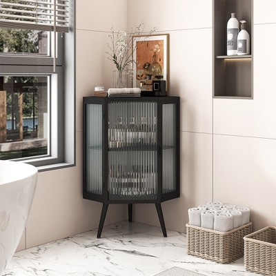 Floor Coner Cabinet With Tempered Glass Door And Adjustable Shelf