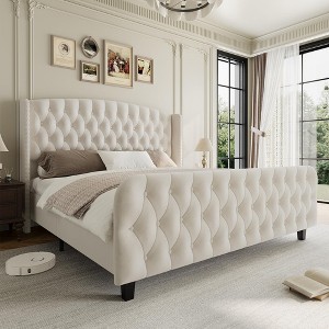 GustoWave Velvet Upholstered Platform Bed Frame, with Deep Button Tufted Wingback Headboard - 1 of 4